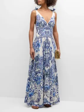 Women’s Blue and White Porcelain Print Tie-Shoulder Silk and Linen Maxi Dress