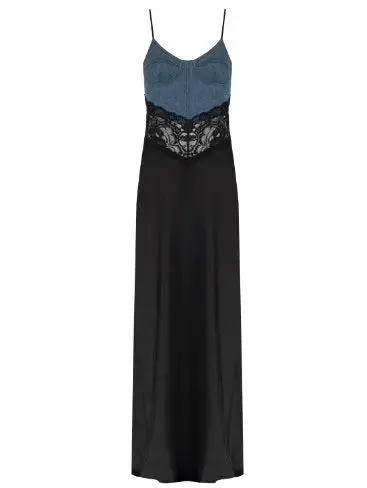 Women’s Blue Denim and Black with Lace Insert Long Maxi Dress