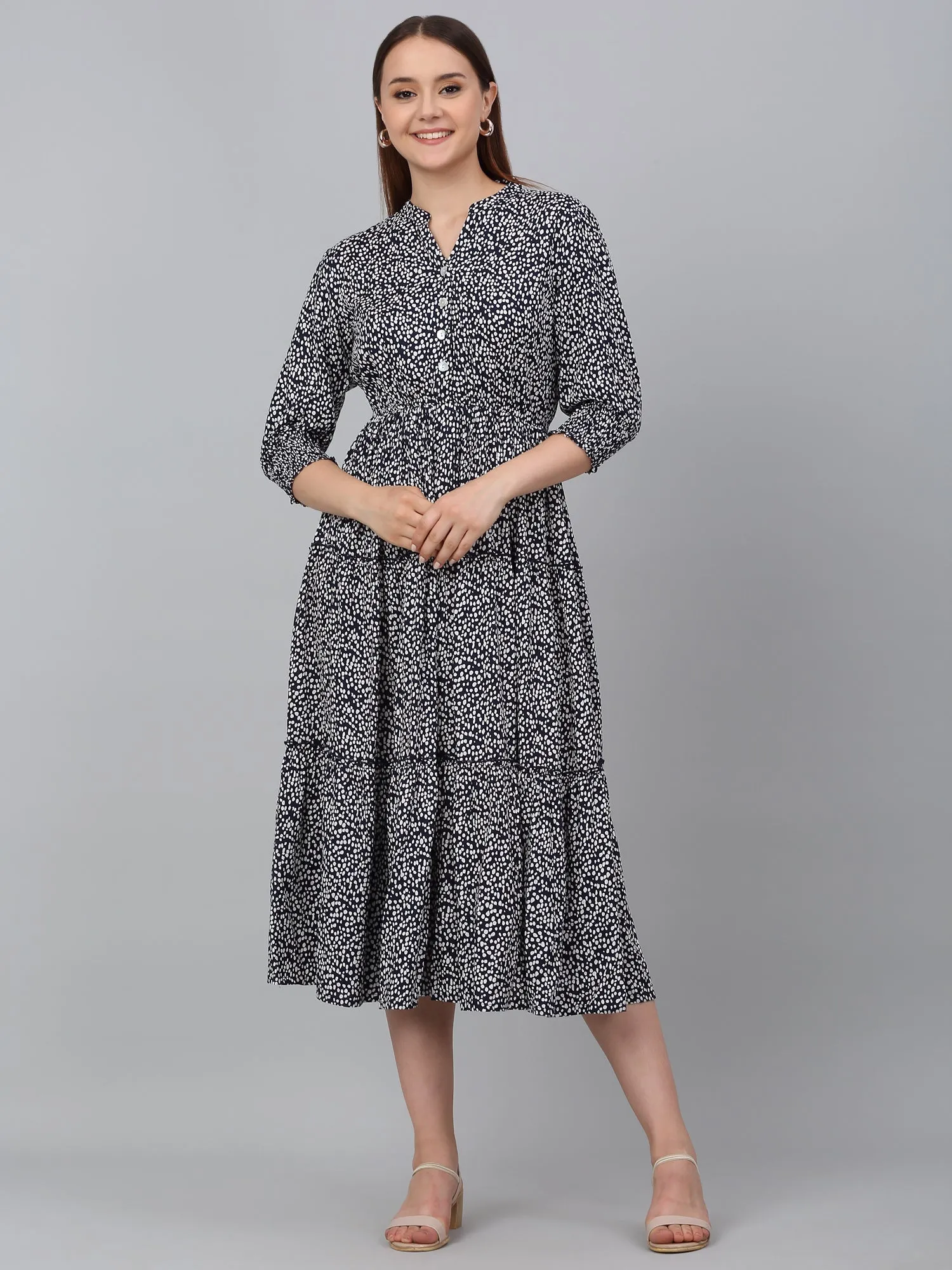 Women's Blue Printed Mandarin Collar Casual Dress