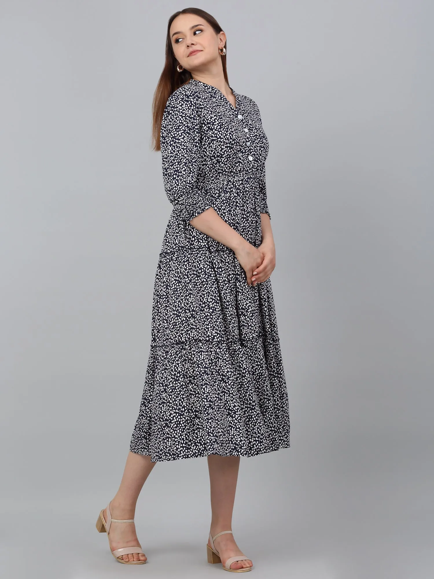 Women's Blue Printed Mandarin Collar Casual Dress