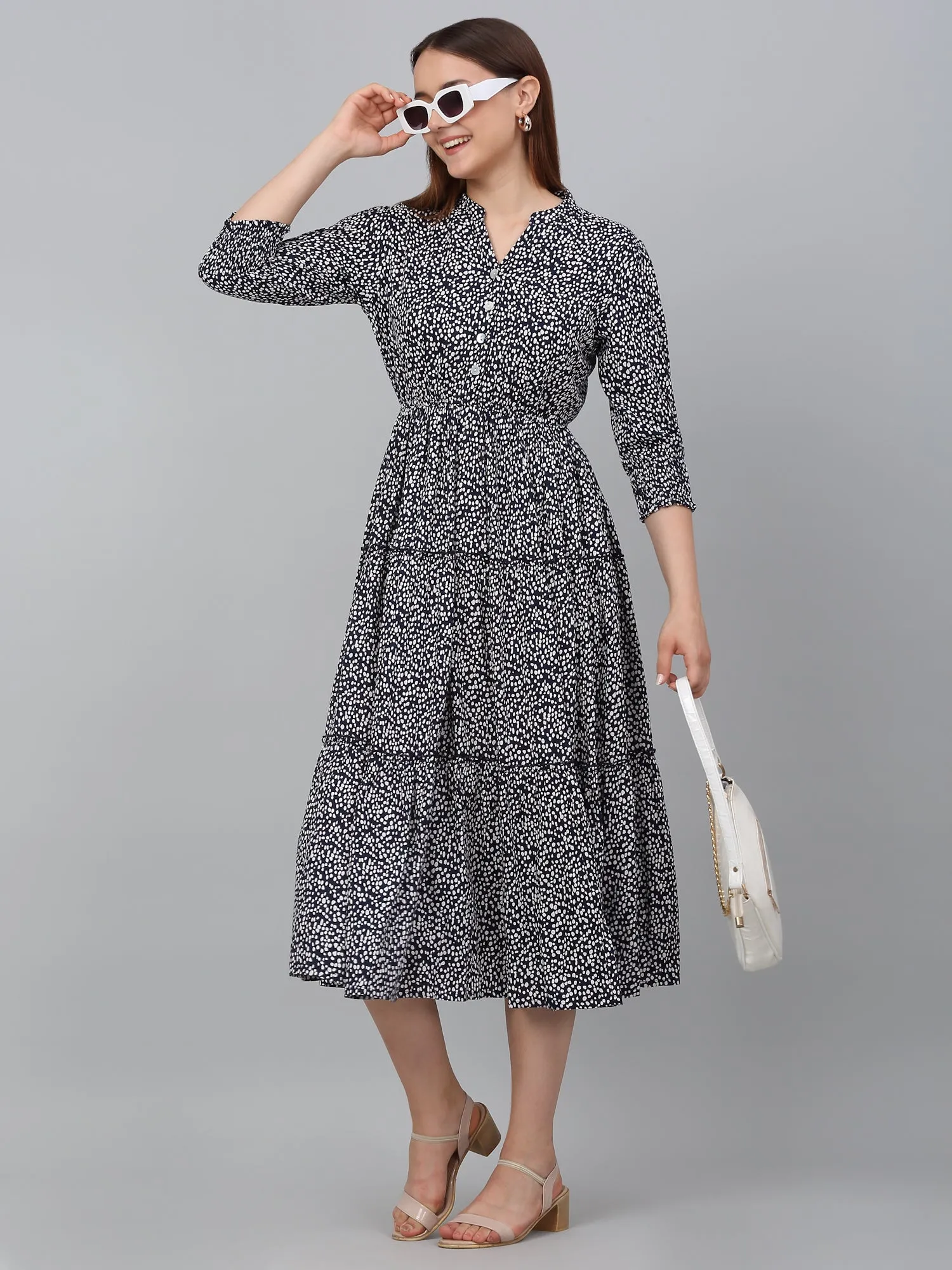 Women's Blue Printed Mandarin Collar Casual Dress