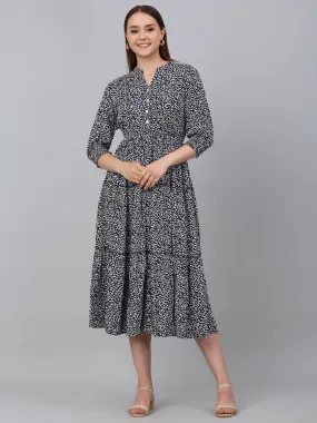 Women's Blue Printed Mandarin Collar Casual Dress