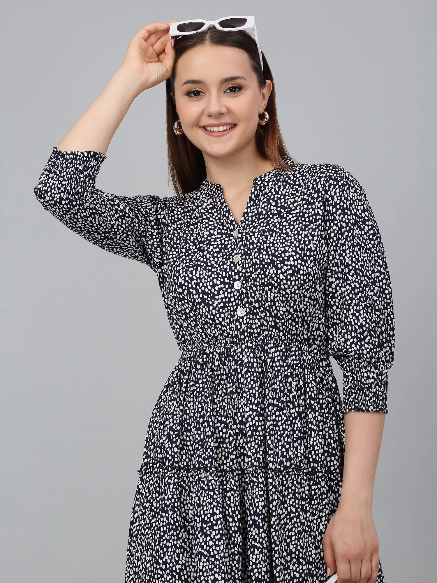 Women's Blue Printed Mandarin Collar Casual Dress